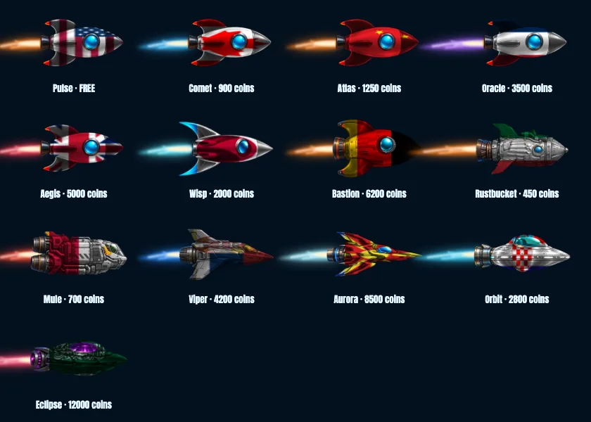 All 13 Echo Blast ships with their coin prices