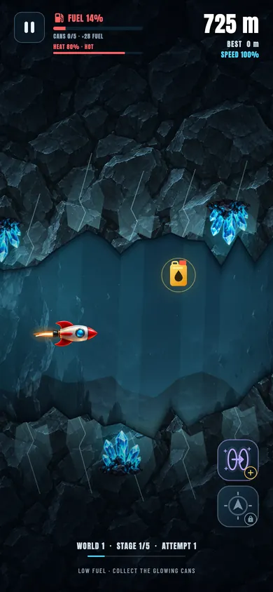 Echo Blast rocket flying through a cave with the fuel gauge low