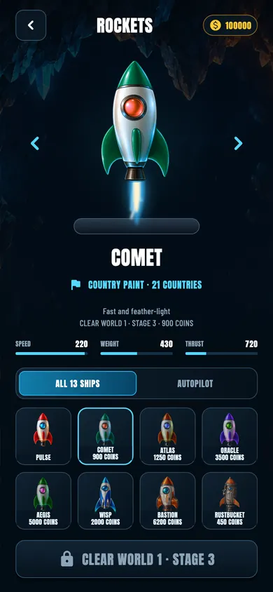 Rocket hangar showing the Comet ship